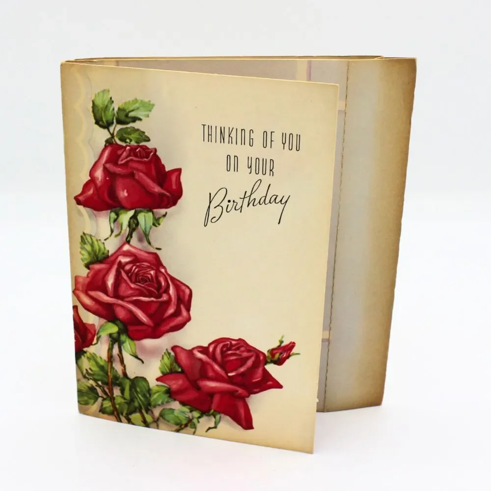 Vintage 1930s 3D Birthday Greeting Card Red Roses Garden Shadow Box Pop Up Style